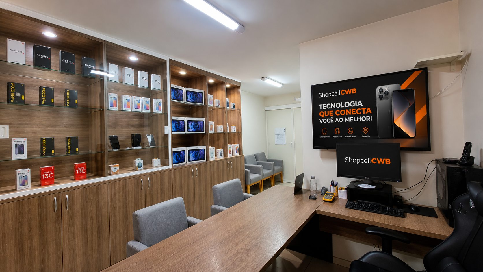 Shopcell Curitiba – Monitores e smartphones Xiaomi expostos na loja do Centro